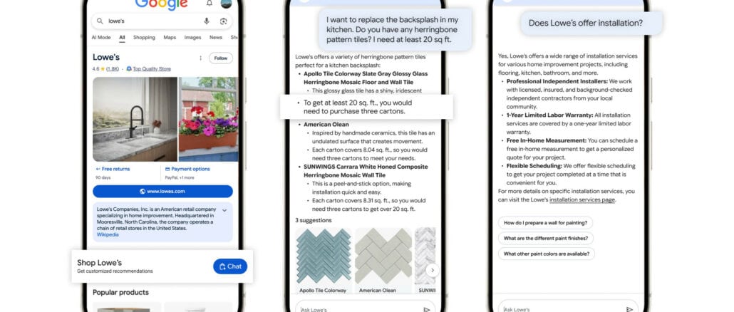 Zu sehen sind 3 Handybilschirme. Hier chattet der Business Agent mit potenziellen Konsument:innen.