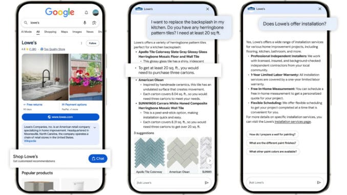 Zu sehen sind 3 Handybilschirme. Hier chattet der Business Agent mit potenziellen Konsument:innen.